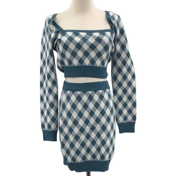 Unique Vintage Blue and White Argyle Mini Skirt - Picture 1 of 10